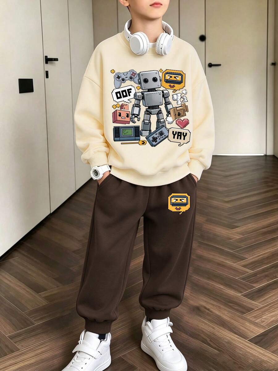 2pcs/Set Boys Crew Neck Sweatshirt With Robot And Game Console Print ...