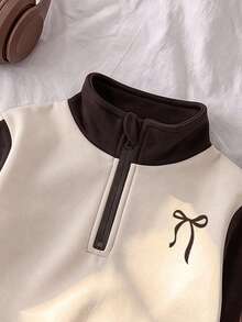 Young Girl Cartoon Bow Print Half-Zip Stand Collar Long Sleeve Top And Pants - Apricot - View 4