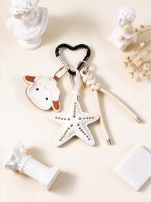 1pc Cute Sheep & Starfish Combination Keychain, Sweet & Cool Style Leather Bag Charm With Heart-Shaped Carabiner And Braided Rope Design. Sheep Head + Riveted Starfish Dual Pendant, Exquisite Stitching Craftsmanship, Metal Rivet Accents, Delicate Texture. Can Be Hung On Backpack, Handbag, Car Keys, Easily Enhance Outfit Vibe. Girly Versatile Accessory, Daily Street Decor Item, Also Suitable As Creative Small Gift For Best Friends, Simple Yet Eye-Catching. - White - View 4