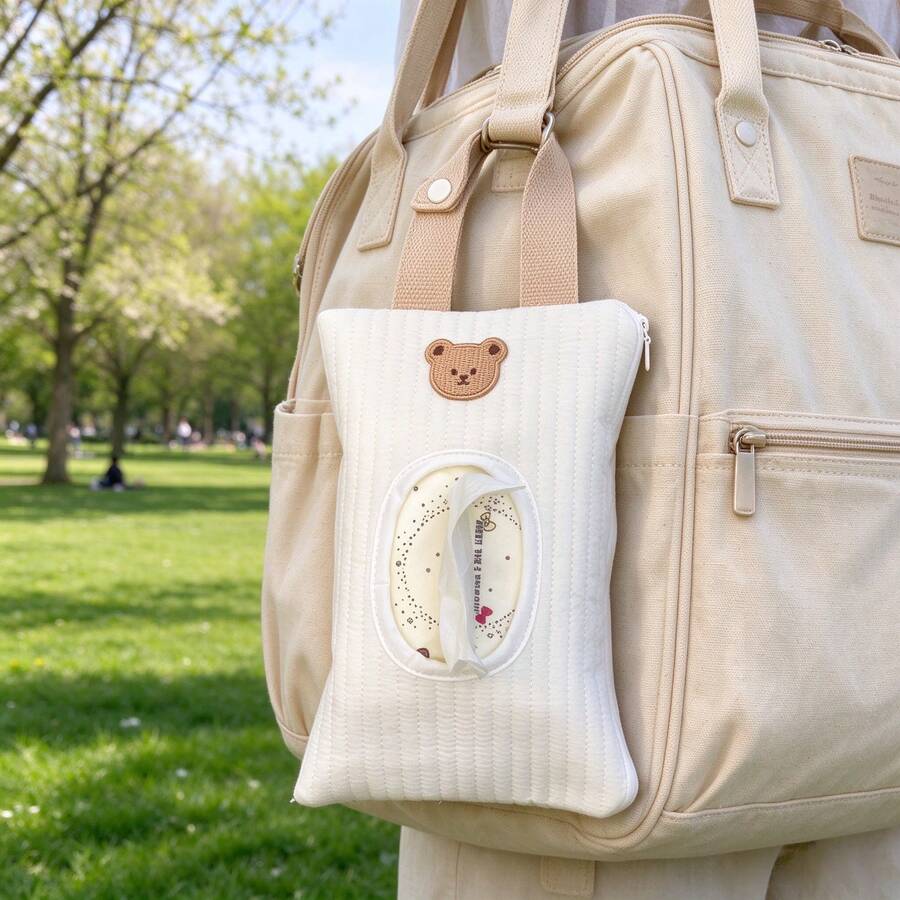 1pc Cute White Teddy Bear Shaped Tissue Storage Bag, Portable Wet Wipes Storage Pouch Space-Saving, Suitable For Car Seats And Home Use, Baby Stroller Tissue Organizer - Multicolor - View 1