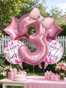 6pcs Pink Number Foil Balloon Set, 32 Inch Mylar Number Balloons With Bow Decoration, Happy Birthday And Star Balloons, Suitable For Girls Birthday, Baby Shower, Anniversary Background Decoration - Number Balloon Set - View 8