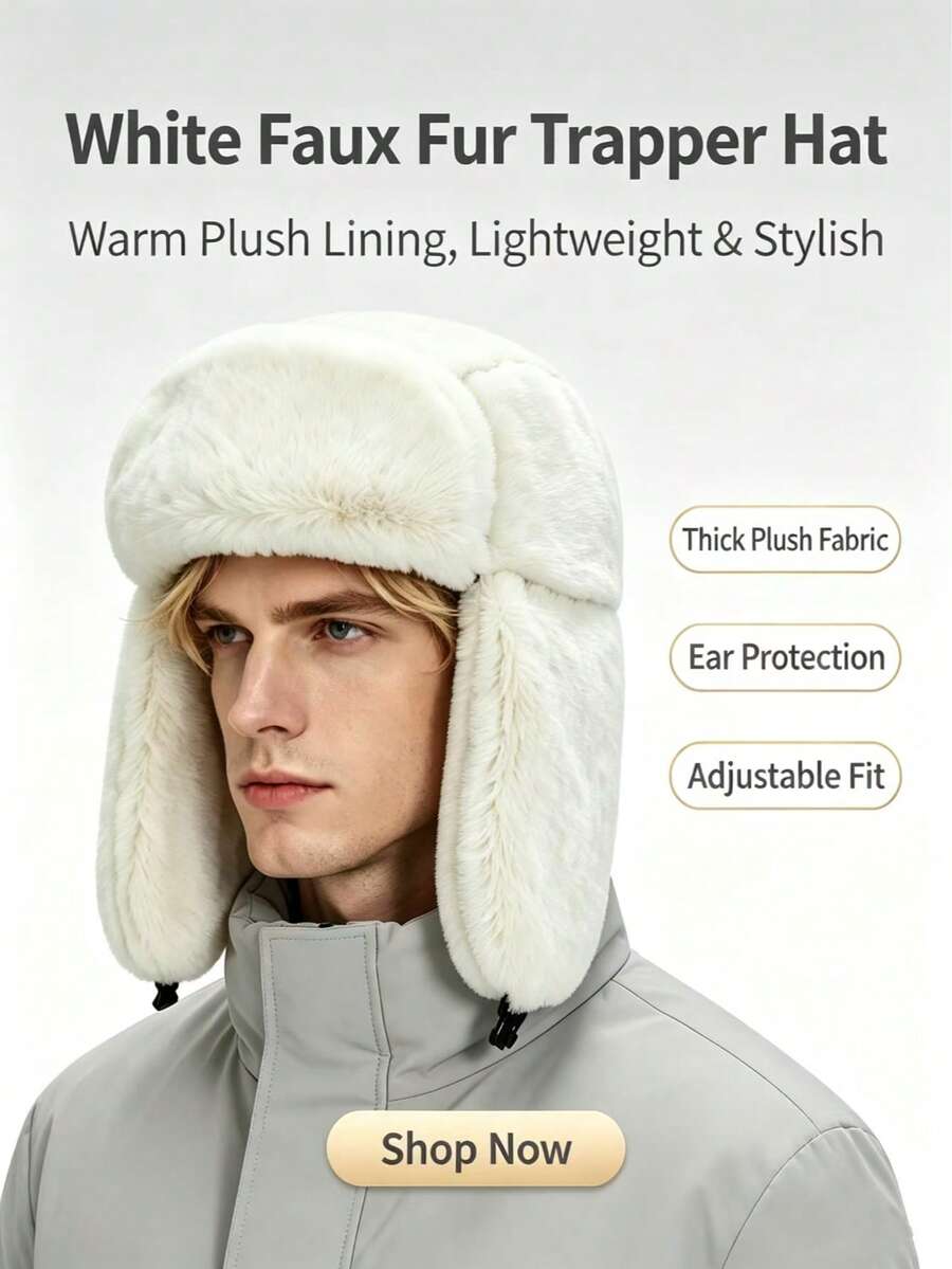 1pc Men's Black Bomber Hat, Thermal Lined Adjustable Sun Protection Casual Cap, Suitable For Spring, Autumn Outdoor, Travel, Beach, Party - White - View 1
