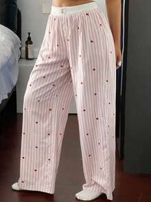 DAZY 1pc Women Striped Elastic Waist Wide Leg Lounge Pants - Pink - View 6