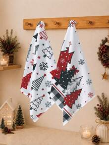 2PCS Kitchen Towels, Christmas Hand-Drawn Simple Christmas Tree Pattern Kitchen Towels Dish Cloths, 40*60cm Rectangular Microfiber Cleaning Kitchen Towels, Perfect For Kitchen, Dining Room And Bathroom Use, Christmas Kitchen Decor, Home Decor, Neighbor Housewarming Gift, Dish Cloth - White - View 7