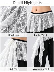 1pc Sweet & Cool Asymmetrical Lace Hip Scarf, Side Long Ribbon Design, Swaying With Movement For Enhanced Atmosphere. Elastic Waist + Adjustable Tie, Lightweight Floral Lace, Hip Coverage & Slimming, Suitable For Jazz, Korean Dance Practice, Daily Layering With Wide Leg Pants Or Cargo Pants, Great For Photos And Stage Performances. - Multicolor - View 8