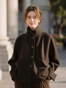 Vintage Chocolate Brown Stand Collar Short Cashmere Jacket, Large Pockets, Lazy Commute Short Wool Top - Brown - View 6