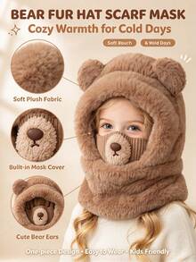 Autumn/Winter Cute Ear Design Hat, Hat Scarf Integrated Face Mask, Suitable For 3-8 Years Old Boys And Girls, Plush Hat - Multicolor - View 5