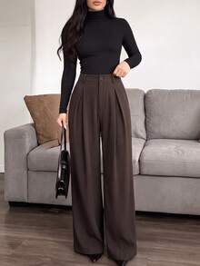Women's Plus Size Wide Leg Suit Pants, Long Woven Non-Stretch Trousers, Button Front Design, With Pockets, Elegant Autumn Commuter Wear - Rust Brown - View 1