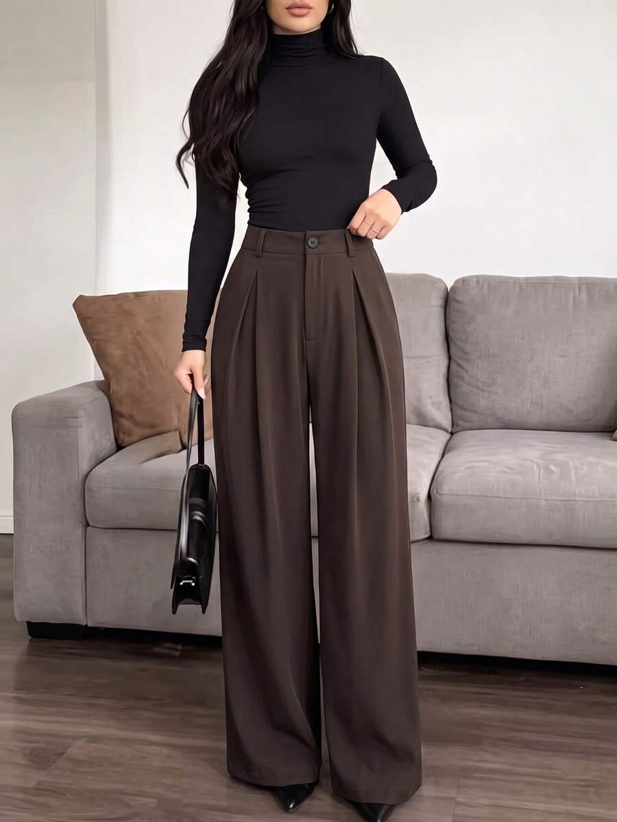 Women's Plus Size Wide Leg Suit Pants, Long Woven Non-Stretch Trousers, Button Front Design, With Pockets, Elegant Autumn Commuter Wear - Rust Brown - View 1