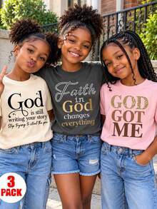 3pcs Tween Girl Slogan Print Short Sleeve T-Shirt Set, Suitable For Tween GirlsSummer Tops, Young Student Clothing - Multicolor - View 1