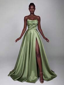 Elegant Women's Strapless Satin Maxi Dress With Thigh Slit And Flared Hem, Formal Evening Gown For Party And Gala - Green - View 4