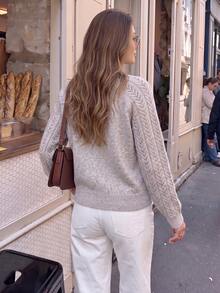 Women's French Vintage Pointelle Sweater Crew Neck Long Sleeve Knit Top - Apricot - View 3