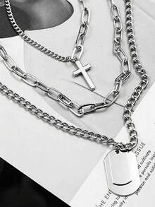 3pcs Punk Minimalist Round Bead Chain Individually Packaged Black Geometric Moonstone Necklace For Men - Silver - View 3