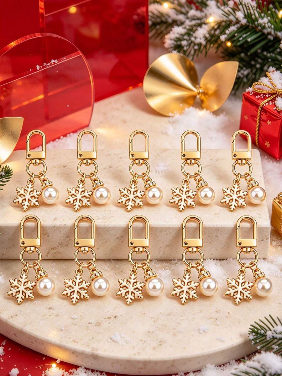 10 móc khóa bông tuyết Giáng Sinh, bông tuyết đính đá rhinestone vàng phối ngọc trai ấm, chất liệu cao cấp, dùng làm charm balo, móc chìa khóa, trang trí cây thông Noel, quà Giáng Sinh, quà tặng tiệc, phụ kiện thủ công lễ hội, phù hợp cho nhiều dịp lễ - Nhiều màu - Xem 1