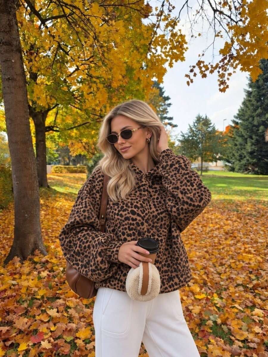 1pc Women's Leopard Print Hooded Sweatshirt With Drawstring And Pockets, Warm Long Sleeve Regular Fit Sweatshirt Without Pockets, Autumn Fashion - Grey - View 1