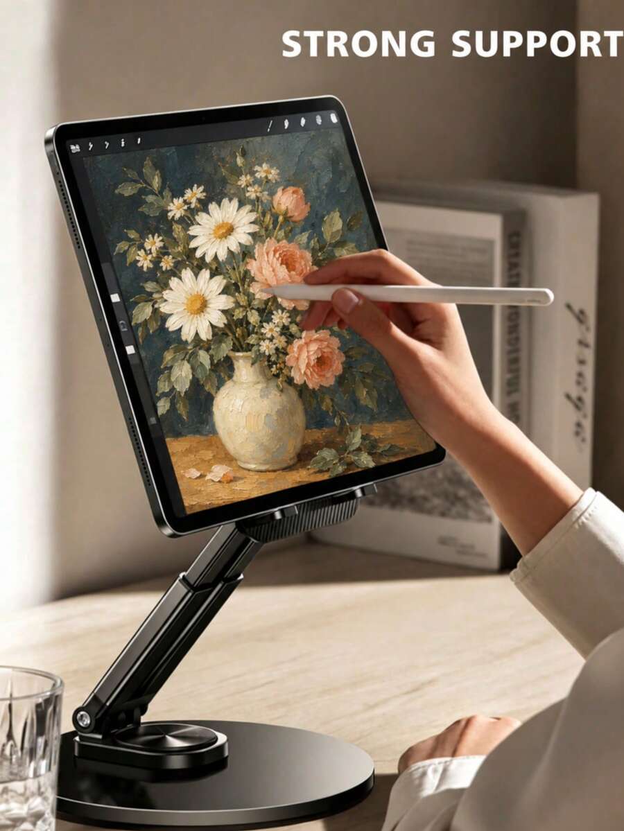 360 Degree Rotatable Metal Base Tablet Stand, Rotating Desk Holder For Tablet, Phone And Computer, Portable Desk Mount With Swivel Base, Stand For Reading, Studying, Video Calls, Online Classes, Streaming And Videos
