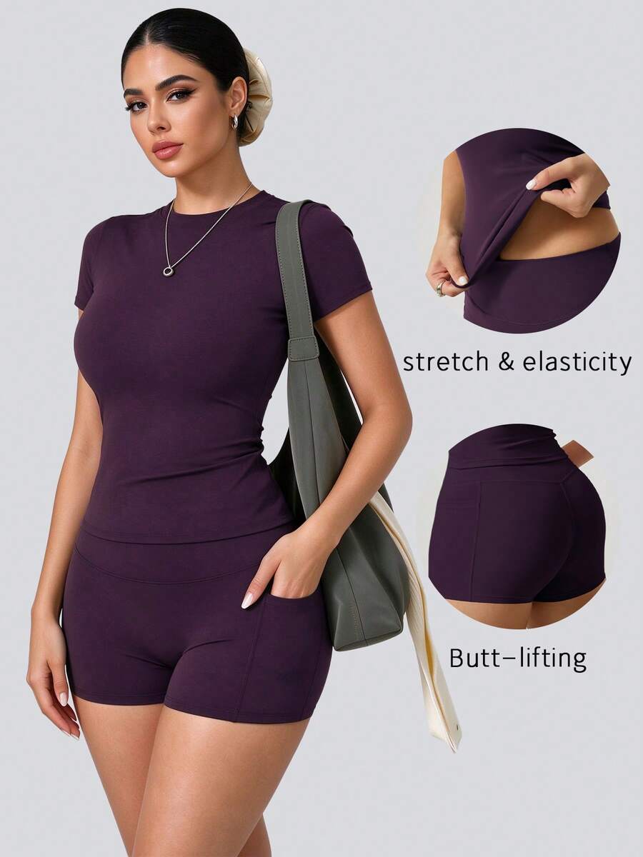 Women's Fashion Round Neck Short Sleeve T-Shirt And Side Pocket Sports Shorts Set Summer - Bold Plum - View 1