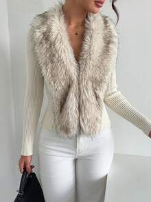 Women's White Fuzzy Patchwork Elegant Date Elegant Casual Home Top - White - View 4