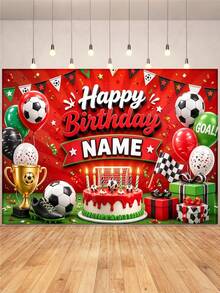 Customizable Name Football Theme Birthday Backdrop, Red Background With Football Cake, Trophy, Confetti Balloons And Cleats Gift Box Design, Suitable For Football Theme Birthday Party, Event Background Decoration Photography Banner Vinyl - Red - View 3