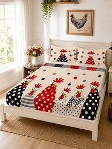 3pcs Bed Sheet Set (1PC Bed Sheet + 2pcs Pillowcases, Pillow Inserts Not Included) Polyester Digital Print, Polka Dot Cartoon Chicken Farm Style Pattern Bedroom Supplies, Machine Washable, Bedroom Daily Home Textile Products - Multicolor - View 1