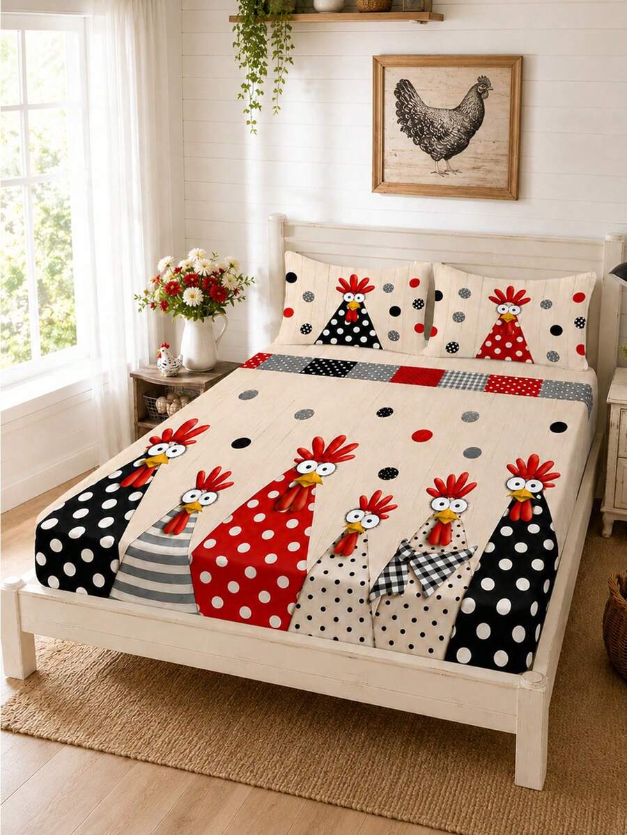3pcs Bed Sheet Set (1PC Bed Sheet + 2pcs Pillowcases, Pillow Inserts Not Included) Polyester Digital Print, Polka Dot Cartoon Chicken Farm Style Pattern Bedroom Supplies, Machine Washable, Bedroom Daily Home Textile Products - Multicolor - View 1