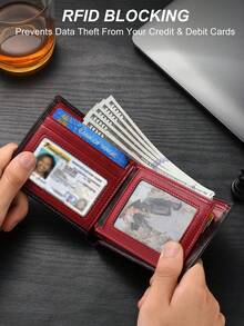 VINCESS Genuine Leather Fashion Wallet, RFID Blocking Cowhide Material, With Transparent Window, Casual Fashion Multi-Color, Slim Coin Purse, Multi-Card Slot Card Holder, For Daily Travel And Trips, Christmas Gift, Holiday Gift - Red - View 4