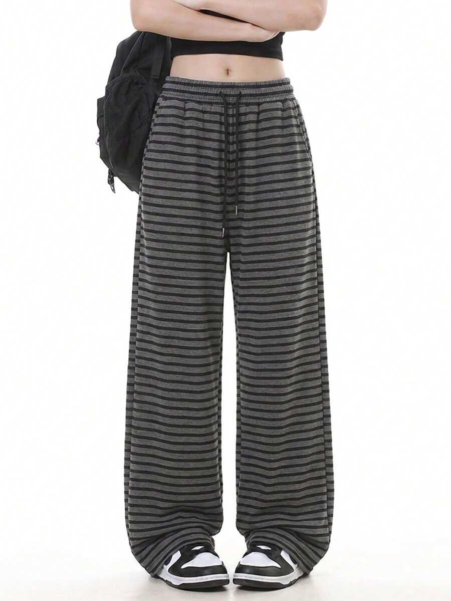 JUTU Women's Autumn Striped Wide Leg Knit Sweatpants With Elastic Waist And Drawstring, Casual Slouchy For Daily Commute And Travel - Dark Floral Grey Stripes - View 1