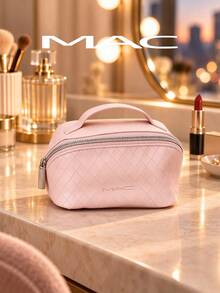 MAC Pink Diamond Embossed PU Makeup Bag, Portable Cosmetic Storage Bag With Top Handle And Silver Zipper, Suitable For Travel Storage - Baby Pink - View 1