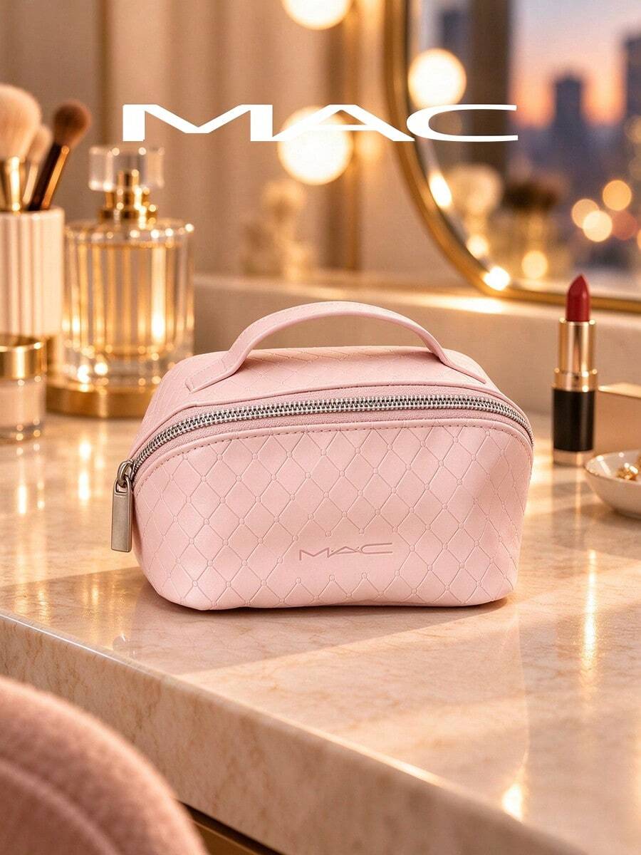 MAC Pink Diamond Embossed PU Makeup Bag, Portable Cosmetic Storage Bag With Top Handle And Silver Zipper, Suitable For Travel Storage - Baby Pink - View 1