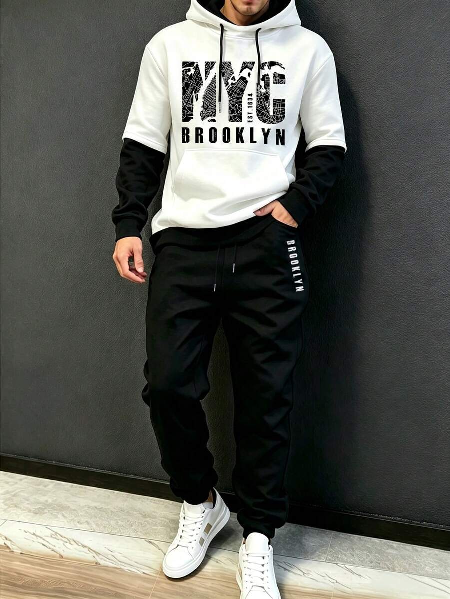 2pcs/Set Men's College Style Letter Casual Streetwear Hoodie & Pants Set, Drawstring Pockets, Slogan Print, Spring/Autumn - Black and White - View 1