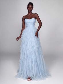 Elegant Strapless Full Skirt Evening Gown, Ruched Bodice Design With Layered Tulle Skirt, Romantic Long Formal Party Dress, Suitable For Special Occasions - Baby Blue - View 5