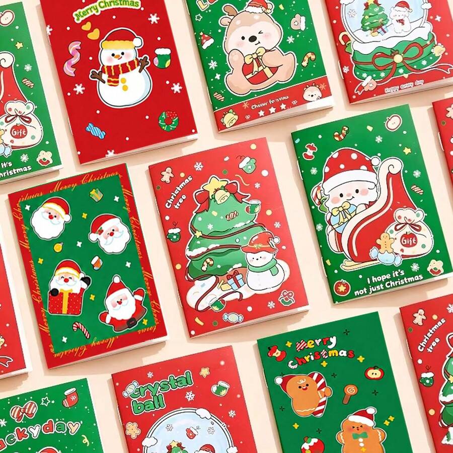 8/16/32pcs Christmas Mini Memo Pads, Snowman Merry Christmas Pattern Holiday Notebooks, Red & Green Pocket Portable Writing Journals, Suitable For Children & Students, Christmas Party Gift Bag Fillers, School Classroom Rewards, Random Style - Christmas - View 1