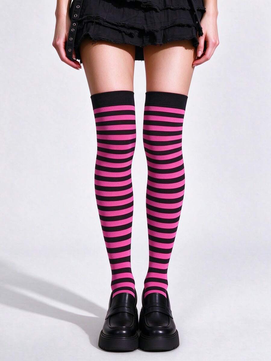 1 Pair Basic Stripe Over-Knee Socks, Flattering & Cool For Daily & Christmas, Classic Pick - Multicolor - View 1