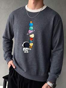 Men's Autumn/Winter Patchwork Loose Drop Shoulder Crew Neck Sweatshirt, Essential Outdoor Outfit Piece, Astronaut And Universe Element Combined Design Print - Dark Grey - View 3