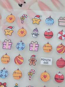 1pc Vintage Hand-Painted Colorful Ball & Candy Cane Nail Stickers, Cute Gingerbread Man, Gift Box & Little Snowman Nail Decals, Christmas Theme, Shiny Surface, Asymmetrical Shape, Playful Style, Suitable For Holiday Parties - Multicolor - View 4