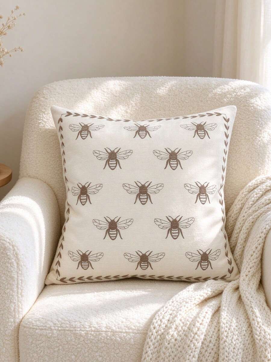 1件蜜蜂刺繡裝飾抱枕套,柔軟舒適,適合客廳沙發或臥室床頭裝飾,隱形拉鍊設計,可機洗(不含枕芯) - 白色 - 查看 1