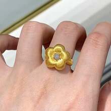 1pc Copper Textured Flower Open Ring, Brushed Floral Adjustable Finger Ring, Elegant Statement Band, Daily & Party Jewelry For Women - Five-flower Ring - View 3