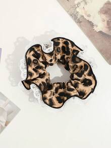 1pc Leopard Print Lace Trim Elastic Hair Scrunchie, No Damage To Hair - Multicolor - View 5