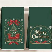 2件組聖誕廚房抹布，深綠色背景聖誕雪橇與聖誕樹、Merry Christmas字母印花，聖誕廚房裝飾，冬季假期餐桌擺飾，農舍風聖誕家居裝飾禮物 - 綠色 - 查看 10