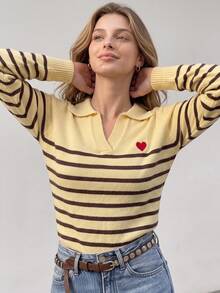 Women's Embroidered Heart Polo Sweater Long Sleeve Striped Pullover - Yellow - View 3