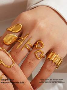 4pcs Abstract Art Gold Open Ring Set, Heart Spiral Asymmetric Textured Adjustable Stackable Rings For Women's Daily Wear. - Gold - View 2