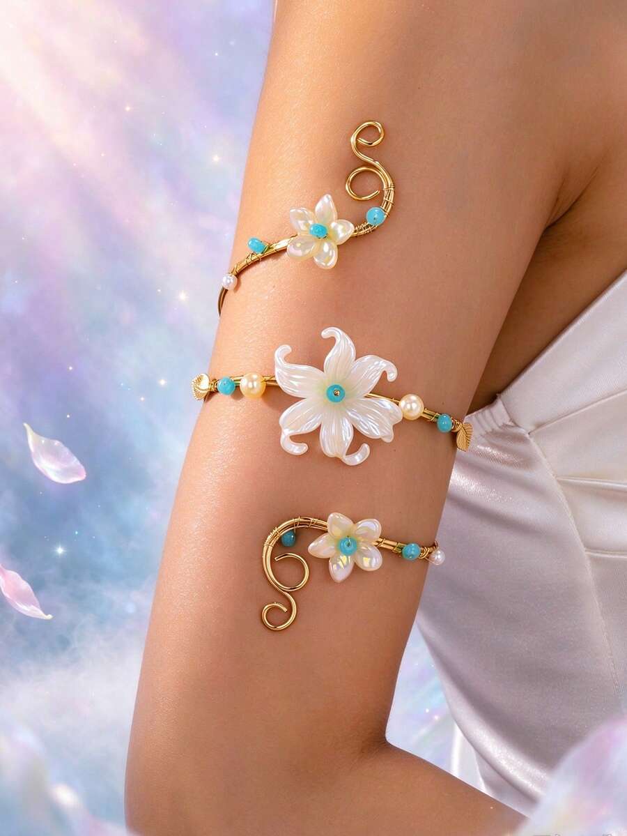 1件紫色花朵海星纏繞式手臂飾品,海灘度假風手臂手環 - 藍白色 - 查看 1