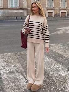 Women's Striped Round Neck Long Sleeve Knit Sweater And Wide Leg Pants Set, Casual 2 Pieces Loungewear For Autumn, Winter And Spring - Apricot Stripes - View 1
