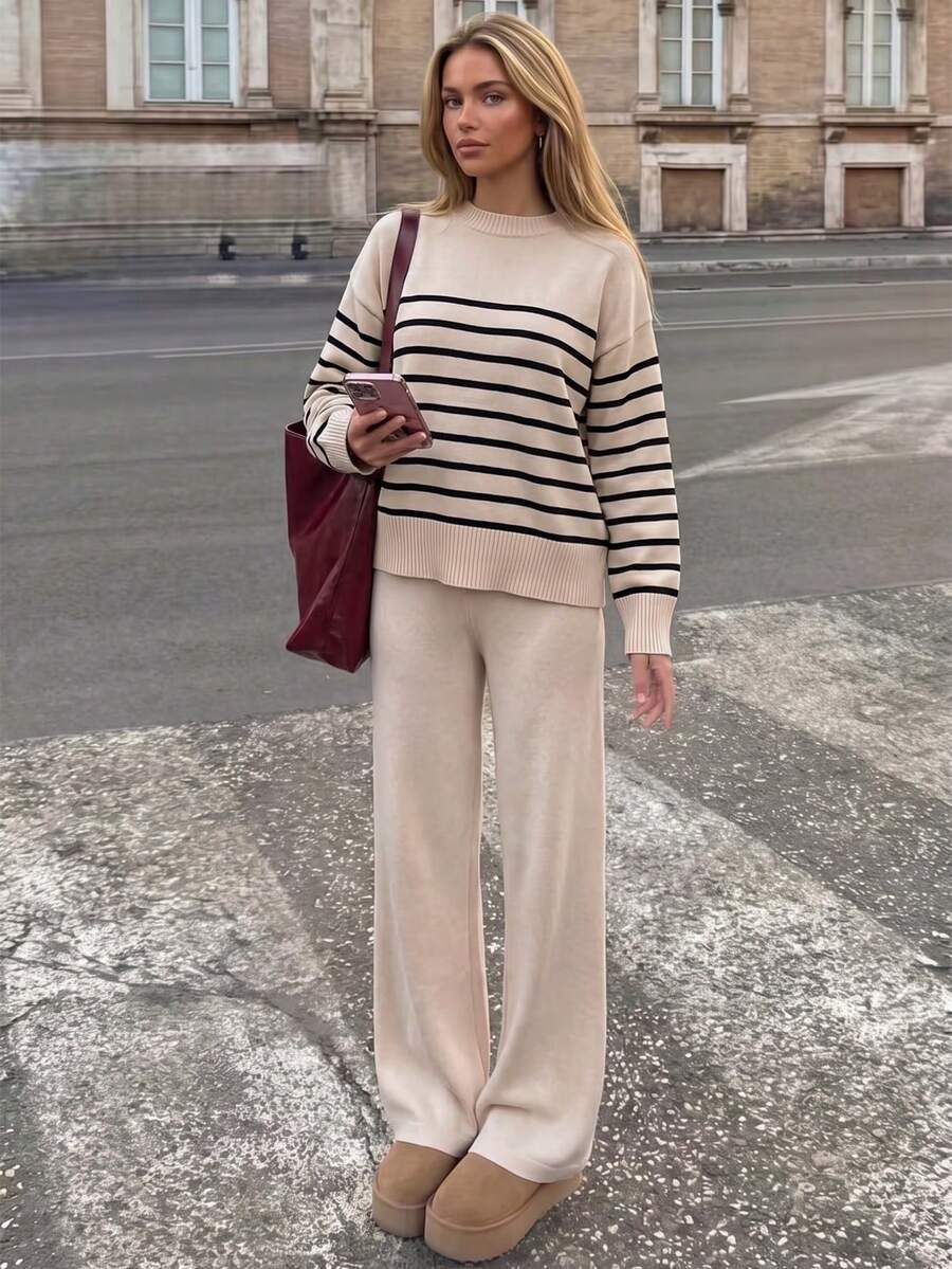 Women's Striped Round Neck Long Sleeve Knit Sweater And Wide Leg Pants Set, Casual 2 Pieces Loungewear For Autumn, Winter And Spring - Apricot Stripes - View 1