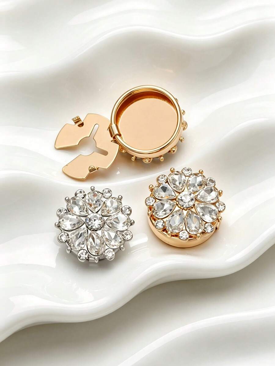 1/2/4pcs Flower Rhinestone Clip Buttons, Detachable Crystal Decorative Buckles, No-Sew DIY Clothing Accessories For Shirts And Dresses