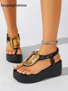 Women's Summer Metal Buckle Toe-Clip Elastic Back Strap Comfortable Versatile Daily Commute Fashion Wedge Thick Sole Sandals - Black - View 3