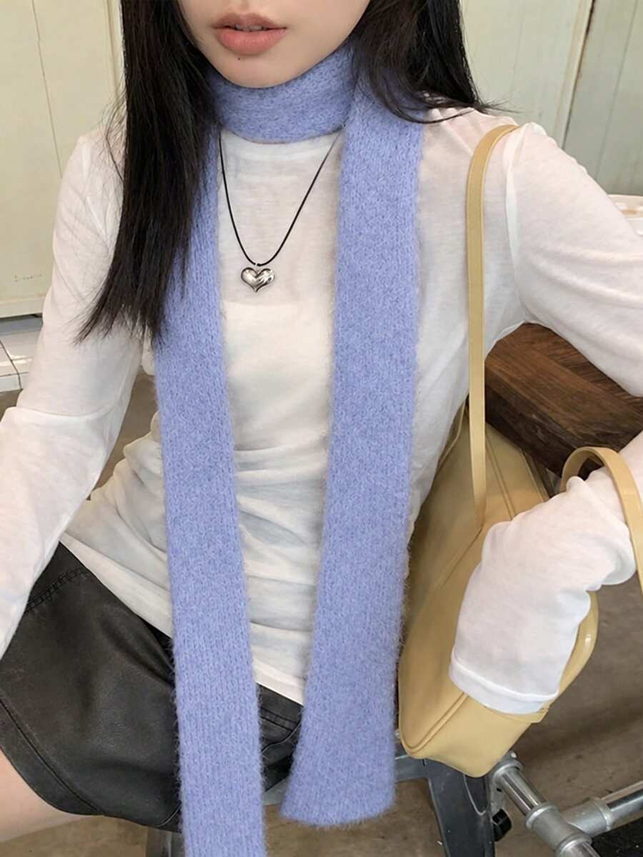 1件裝設計感微捲邊薄款長圍巾 時尚穿搭百搭細長圍巾 - 淡紫色 - 查看 1