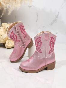 1 Pair Girls' Stage & Party Boots, Shiny Embroidered Printed Design, Soft Fabric, Rubber Non-Slip Sole, Suitable For Daily Wear - Pink - View 20