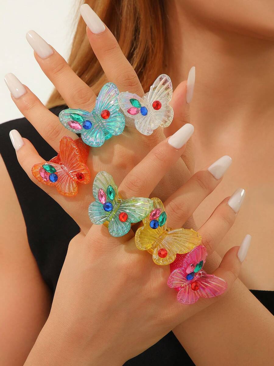 Nhẫn ngón tay bướm acrylic trong suốt lấp lánh, đính đá rhinestone màu sắc cá nhân hóa, kiểu dáng bướm lớn phóng đại, nhẫn trang trí phong cách ngọt ngào cá tính cho nữ - Nhiều màu - Xem 1