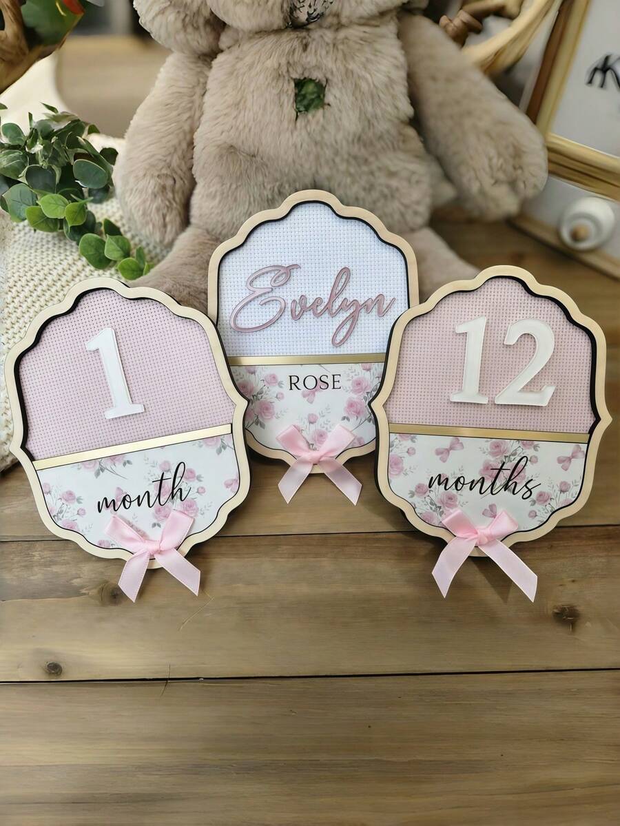 Vintage Floral Baby Milestone Sign, Personalized Name Plate, Pink Bow Monthly Milestone Set, Baby Girl Photo Props - Multicolor - View 1